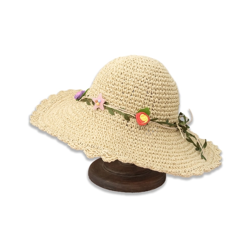 Cappello Di Paglia Donna Pieghevole Traspirante Tesa Ondulata Carta Intrecciata Cappello Da Spiaggia Con Decorazione Floreale Per Ragazze