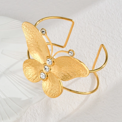 Bracelet Jonc Ouvert En Acier Inoxydable Papillon Fleur Feuille Strass Émail Réglable Bijoux Pour Femmes