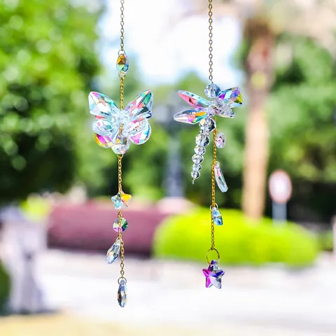 Crystal Butterfly Dragonfly Suncatcher Hanging Ornament Gold Metal Chain Prism Rainbow Maker Window Garden Decor
