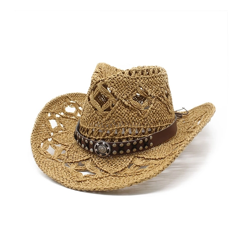 Western Cowboy Hat Hollow Paper Straw Breathable Sun Protection Beach Vacation Retro Leather Band Metal Rivets