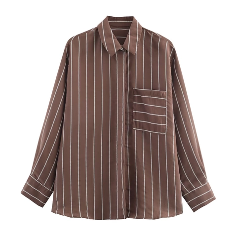 Women Stripe Shirt Polyester Long Sleeve Vertical Striped Button Down Blouse With Pocket Casual Chic Spring Tops