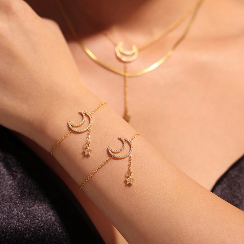 Moon Star Necklace Bracelet Jewelry Set Stainless Steel Zircon Double Layer Snake Chain Elegant Fashion Women Gift