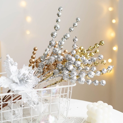 Artificial Christmas Berry Stems Sparkle Glitter Foam Branches For Festive Holiday Tree Decoration Floral Pick