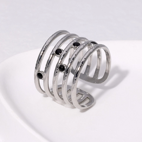 Anello Aperto Multistrato In Acciaio Inossidabile Texture Martellata Perline Nere Gioielli Geometrici Regolabili Per Donna