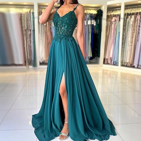 Elegant Evening Gown Lace Sequin V Neck Spaghetti Strap High Split A Line Party Prom Dress For Women