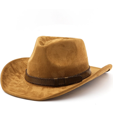 Westerse Cowboyhoed Retro Suède Polyester Brede Rand Leren Band Vintage Fedora Voor Heren Dames