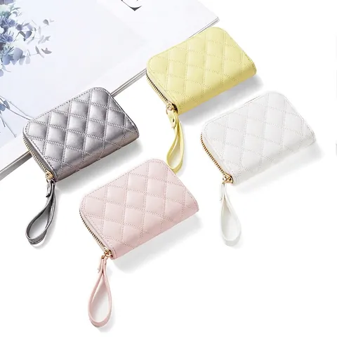 Quilted Rhombic PU Leather Accordion Card Holder Zipper Multi Slot Wallet With Wrist Strap For Women