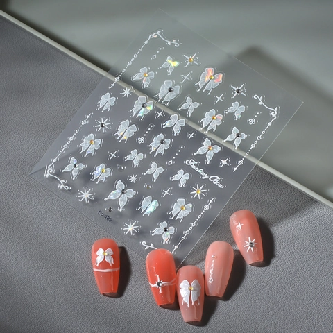Pegatinas De Arte De Uñas En Relieve 3D Aurora Blanco Lazo Estrella Mariposa Retro Autoadhesivo Decoración Manicura