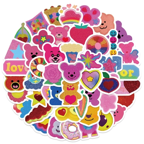 Y2K Pink Cute Cartoon Bear Heart Waterproof PVC Stickers For Phone Case Journal DIY Scrapbooking Decorative Decals Bulk