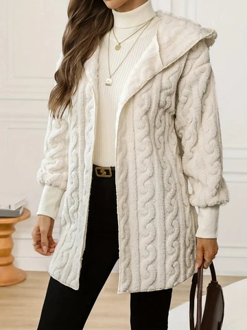 Chaqueta Cardigan Con Capucha Para Mujer Punto De Cable Vellón Cálido Color Sólido Manga Larga Informal Elegante