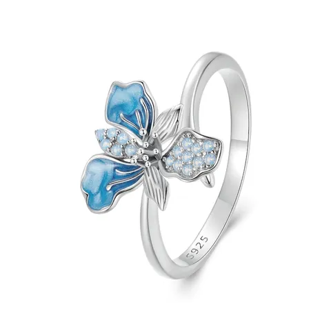 925 Sterlingsilber Blaue Iris Blume Offener Ring Verstellbare Emaille Nano Opal Fingerring Elegante Mode Schmuck Für Damen