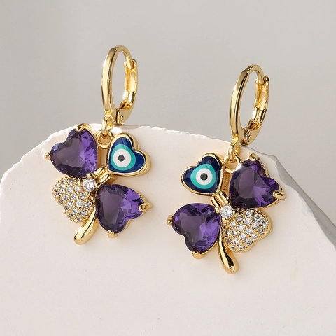 Four Leaf Clover Evil Eye Hoop Earrings Copper Gold Plated Heart Gemstone Zircon Crystal Enamel Lucky Jewelry For Women