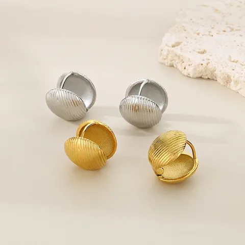 Pendientes De Aro De Concha Acanalada De Acero Inoxidable Minimalista Vintage Color Oro Plata Para Mujeres