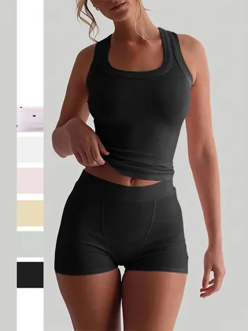 Women Tank Top And Shorts Ribbed Knit Yoga Sports Loungewear High Waist Racerback Solid Color Heart Print