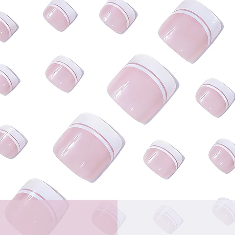 French Tip Toenail Press On Nails Glossy Square Fake Toe Nails ABS Plastic White Line Design Nude Pink For Women