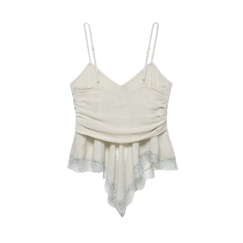 Women's Camisole Top Georgette Ruched Lace Trim Adjustable Straps Cropped Slim Fit Casual Sexy Streetwear