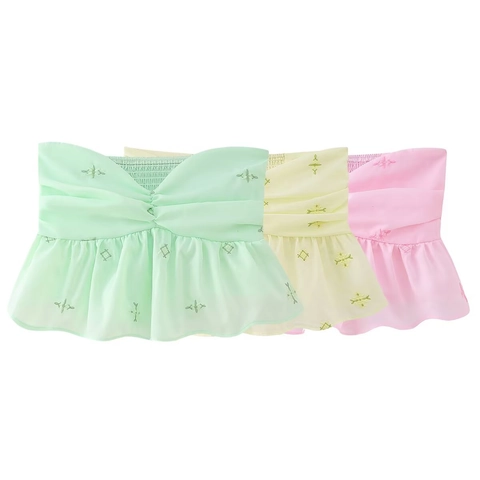 Strapless Tube Top Women Embroidery Smocked Ruffle Peplum Hem Polyester Summer Sweet Fresh Crop Top