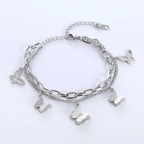Pulsera De Mariposa De Doble Capa Acero Inoxidable Dijes Mates Calados Joyería De Moda Para Mujer Ajustable