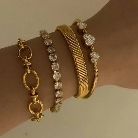 Fashion Bracelet For Women Stainless Steel Cubic Zirconia Heart Charm Snake Chain Woven Mesh Elegant Jewelry Gift