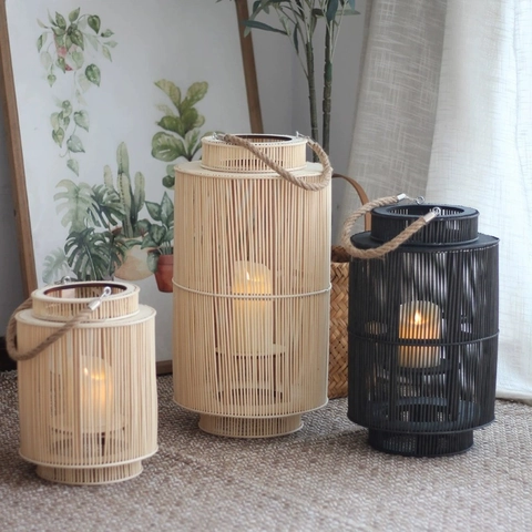 Handmade Woven Lantern Candle Holder Bamboo Wood Rattan Decorative Lanterns With Jute Rope Handle For Patio Home Decor