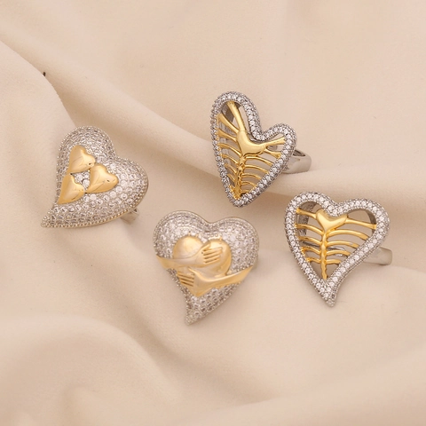 Herz Ring Kupfer Mit Weißem Zirkon Gold Und Silber Plattiert Hohl Skelett Punk Stil Persönlichkeit Schmuck Für Damen