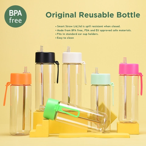 Tritan Straw Water Bottle BPA Free Portable Drinking Cup With Silicone Handle And Metal Straw Leak Proof Outdoor