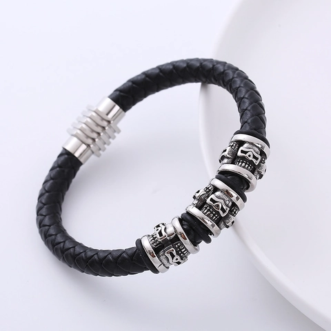 Men Braided Leather Bracelet With 316L Stainless Steel Skull Beads Magnetic Clasp Punk Gothic Style Jewelry Gift