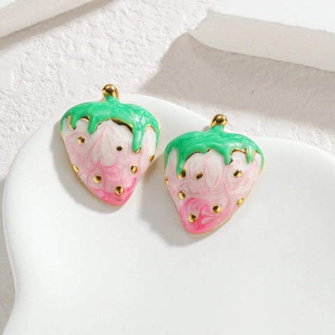 Pendientes De Fresa Acero Inoxidable Esmalte Forma Fruta Degradado Rosa Verde Estilo Francés Para Mujeres Niñas
