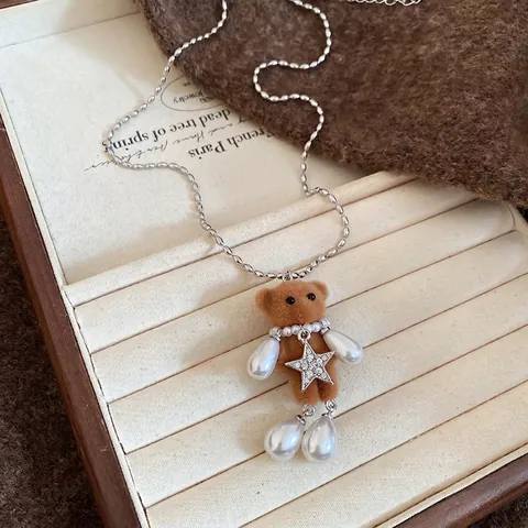 Collar Colgante Oso Flocado Acero Inoxidable Cadena Larga De Bolas Estrella Rhinestone Perla Artificial Joyería Suéter Invierno Mujer