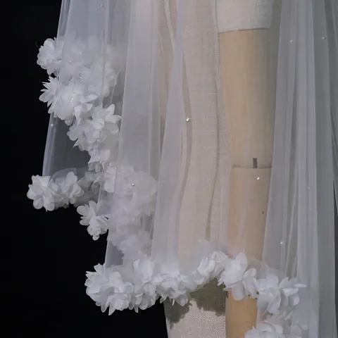 Elegante Velo Novia Catedral Malla Capas Apliques Florales 3D Perla Artificial Peine Accesorio Nupcial