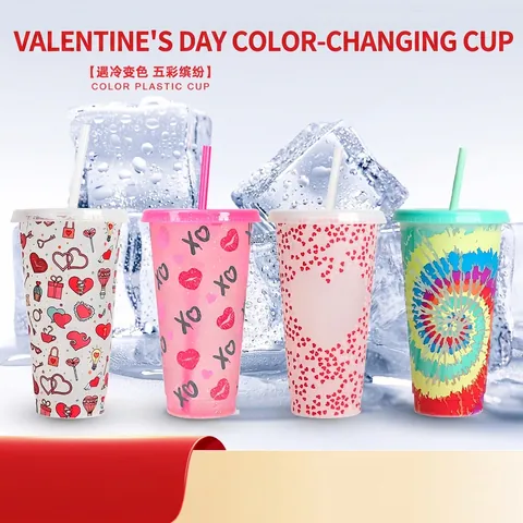 Color Changing Plastic Straw Cup With Lid Cold Sensitive Reusable Holiday Tumbler Christmas Halloween Party Drinkware