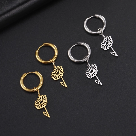 Birth Flower Hoop Earrings 304 Stainless Steel Hollow Floral Pendant Jewelry For Women Simple Fresh Style