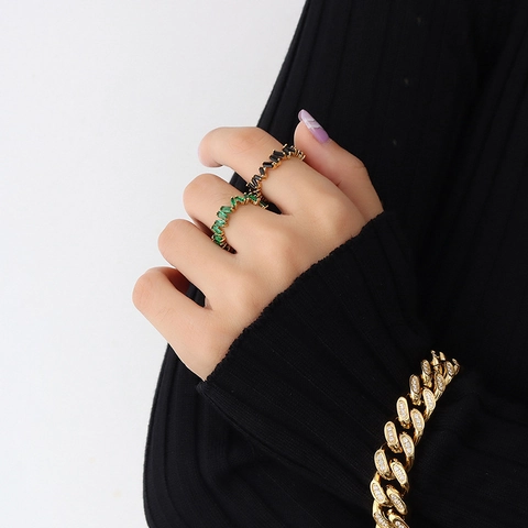 Vintage Luxury Adjustable Open Ring 18K Gold Plated Copper Baguette Cut Green Black Zircon French Ins Style For Women