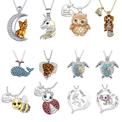 Animal Pendant Necklace Copper Chain With Alloy Rhinestone Enamel Cute Elephant Owl Heart Moon Jewelry Gift For Women