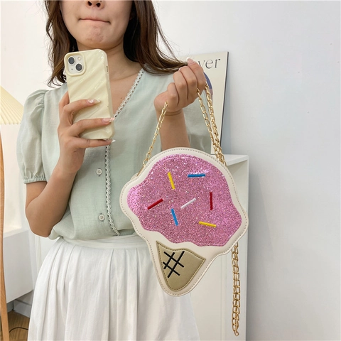 Borsa Tracolla Forma Cono Gelato Pelle PU Glitter Paillettes Catena Carina Novità Borsa A Spalla Per Donne Ragazze