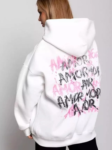 Women Oversized Hooded Sweatshirt Cotton Blend AMOR Graffiti Print Back Lettering Streetwear Drop Shoulder Casual Hoodie