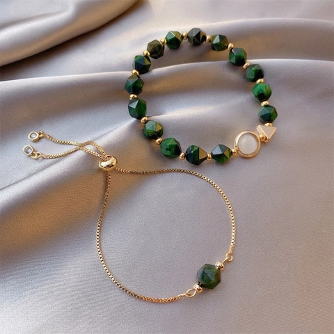 Grünes Perlenarmband Und Verstellbares Goldfarbenes Legierungskettenarmband Für Damen Facettierte Kristallsteine Anhänger Nischen-Design