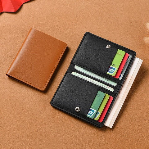 Cartera Pequeña Bifold Para Mujer Cuero PU Grano Litchi Delgada Mini Ranuras Para Tarjetas Porta Licencia Conducir Botón Presión