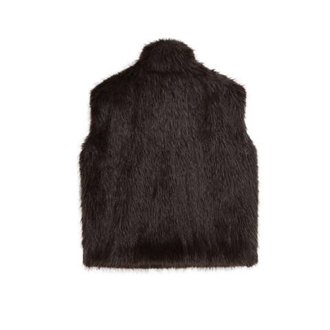 Women Faux Fur Vest Dark Brown Stand Collar Zipper Front Sleeveless Jacket Winter Warm Solid Color Retro Outerwear