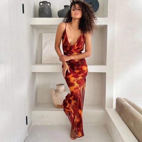 Luipaardprint Gedrapeerde Hals Maxi-Jurk Sexy Rugloos Hoge Split Mouwloos Polyester Mesh Zomer Vakantie Feest Voor Vrouwen