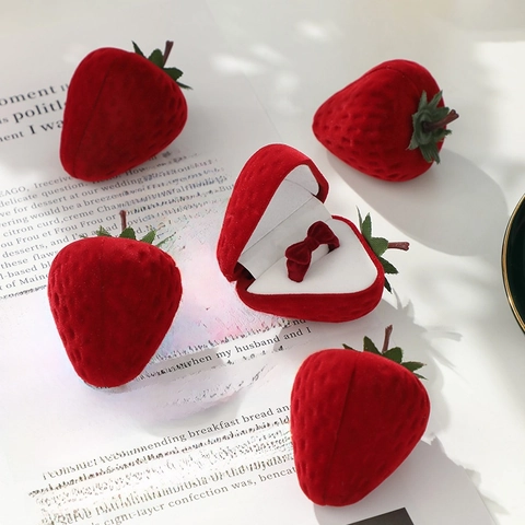 Joyero Flocado con Forma de Fresa Dulce Lazo Anillo Ajustable Apertura Propuesta Romántica Regalo de Boda