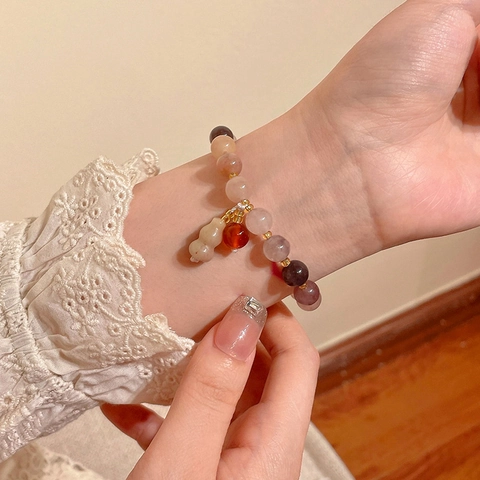 Damen Armband Im Neuen Chinesischen Stil Naturstein Achat Erdbeerkristall Mit Kalebassen Anhänger Vintage Ethno Elastisch
