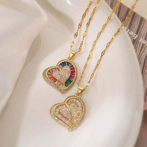 Herz Anhänger Halskette Kupfer Vergoldet Zirkonia Regenbogen Bunt Micro Pave Luxus Schmuck Für Damen
