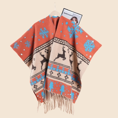 Dames Kerst Gebreide Poncho Rendier Sneeuwvlok Patroon Met Kwastjes Zacht Polyester Winter Warme Kaap Voor Feestdagen
