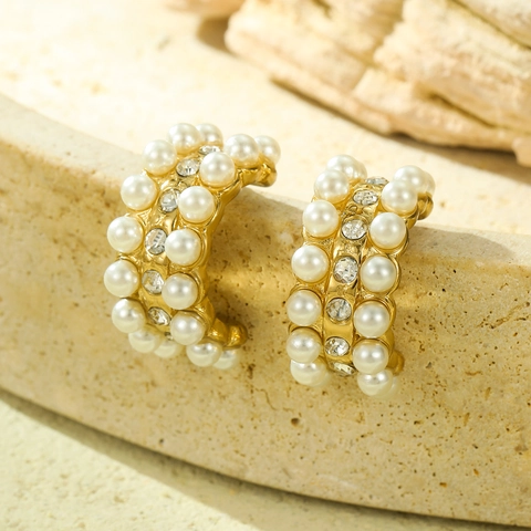 Orecchini A Lobo A Forma Di C In Acciaio Inossidabile Con Künstliche Perle Sintetiche E Zircone Vintage Elegante Per Donna