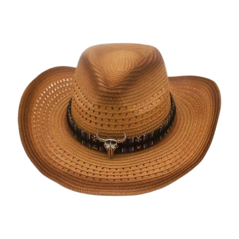 Western Cowboy Strohhut Sonnenschutz Atmungsaktiv Strand Outdoor Ethno Band Bullenschädel Dekor Für Damen Herren