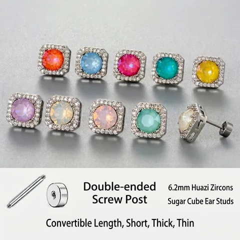 Square Halo Stud Earrings Titanium Steel Colorful Round Zirconia Screw Back Women Jewelry Minimalist