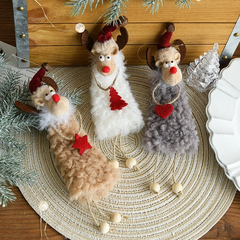 Christmas Reindeer Plush Hanging Ornaments Nordic Reindeer Figurines With Wooden Beads Red Hat For Festive Tree Decor