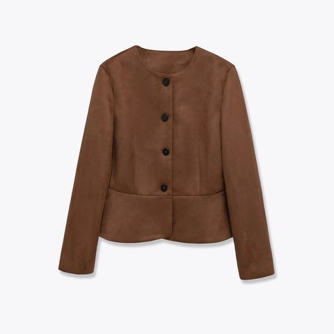 Women Faux Suede Jacket Round Neck Long Sleeve Single Breasted Peplum Hem Solid Color Casual Vintage Streetwear Brown