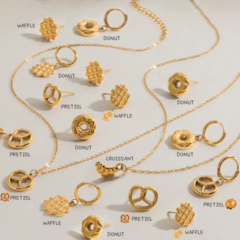 Fashion Stainless Steel Food Theme Hoop Stud Earrings Necklace For Women Gold Plated Waffle Donut Pretzel Pendant Jewelry